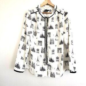Talbots White Black Paris Pop Over Top women Size S Button tie Quiet Luxury S